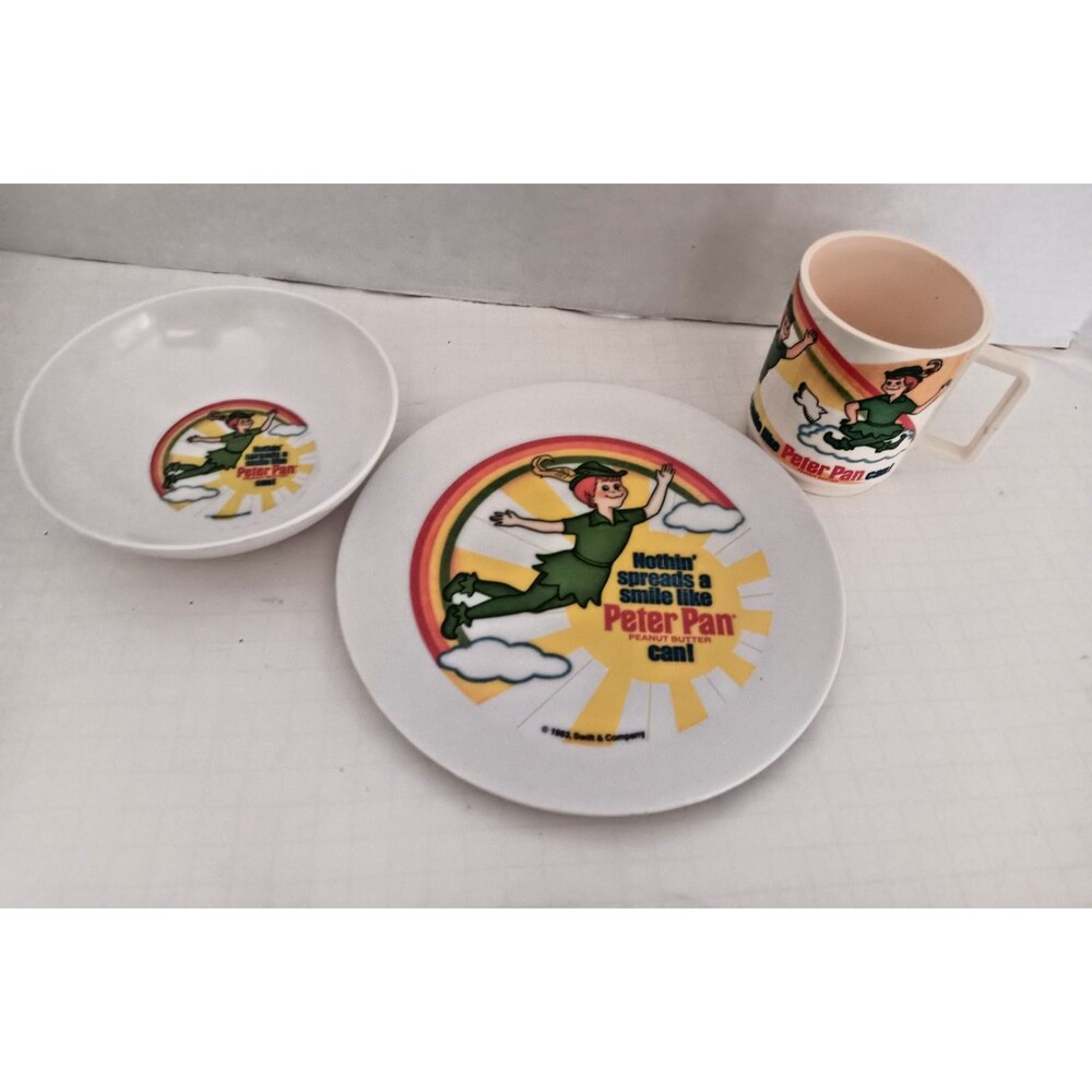 Peter Pan Dish Set Deka USA 3 Piece Plate Bowl & Cup 80s